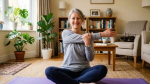 A middle-aged woman doing a gentle shoulder stretch at home, smiling
