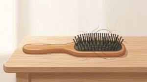hairbrush with fallen hair strands on wooden table symbolizing hair fall problem