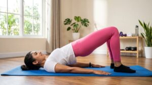 Woman doing glute bridge exercise correct form side view
