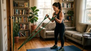 Woman doing strength training with resistance bands at home