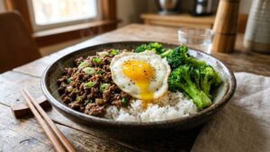ground beef rice bowl with egg and broccoli