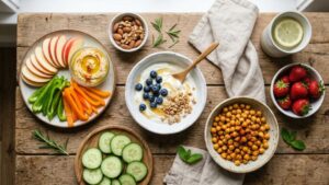 Flat lay of 15 best low calorie snacks for weight loss including apple cucumber yogurt roasted chickpeas bell pepper strawberries on wooden table	