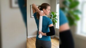 Person doing towel stretch – healthy arm pulling up, painful arm holding below