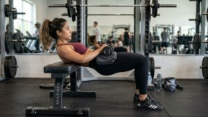 Woman performing hip thrust with dumbbell at gym