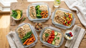 Healthy meal prep for female bulking diet plan with grilled chicken brown rice vegetables nuts and Greek yogurt in glass containers