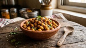 Small clay bowl of roasted chickpeas with cumin and salt, healthy low calorie Indian snack for weight loss	