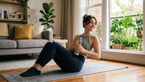 Woman doing Russian twist exercise with water bottle at home sitting on yoga mat