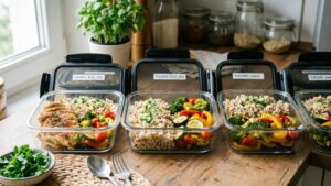 Meal prep containers with protein, rice, and vegetables