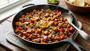 one-pan ground beef and sweet potato skillet