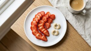 White plate with fresh strawberries and four cashews, sweet craving healthy low calorie snack	