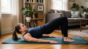 Woman doing glute bridges on yoga mat at home as part of female bulking diet plan strength training routine