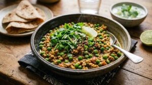 bowl of healthy keema with green peas and coriander
