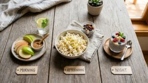 Three snacks for morning afternoon and night - apple slices for morning popcorn for afternoon chia seed drink for night weight loss timing guide	