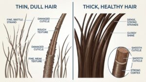 split screen illustration thin dull hair before and thick healthy hair after 6 months of supplements and diet