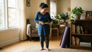 Woman measuring waist reduction progress after home workout