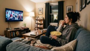 Person watching TV while eating popcorn from large bowl, distracted eating mistake that slows weight loss	