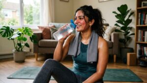 South Asian woman drinking water after workout during her female bulking diet plan journey feeling happy and tired
