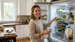 Person taking cucumber slices and Greek yogurt from refrigerator, making healthy snack choice for weight loss journey	